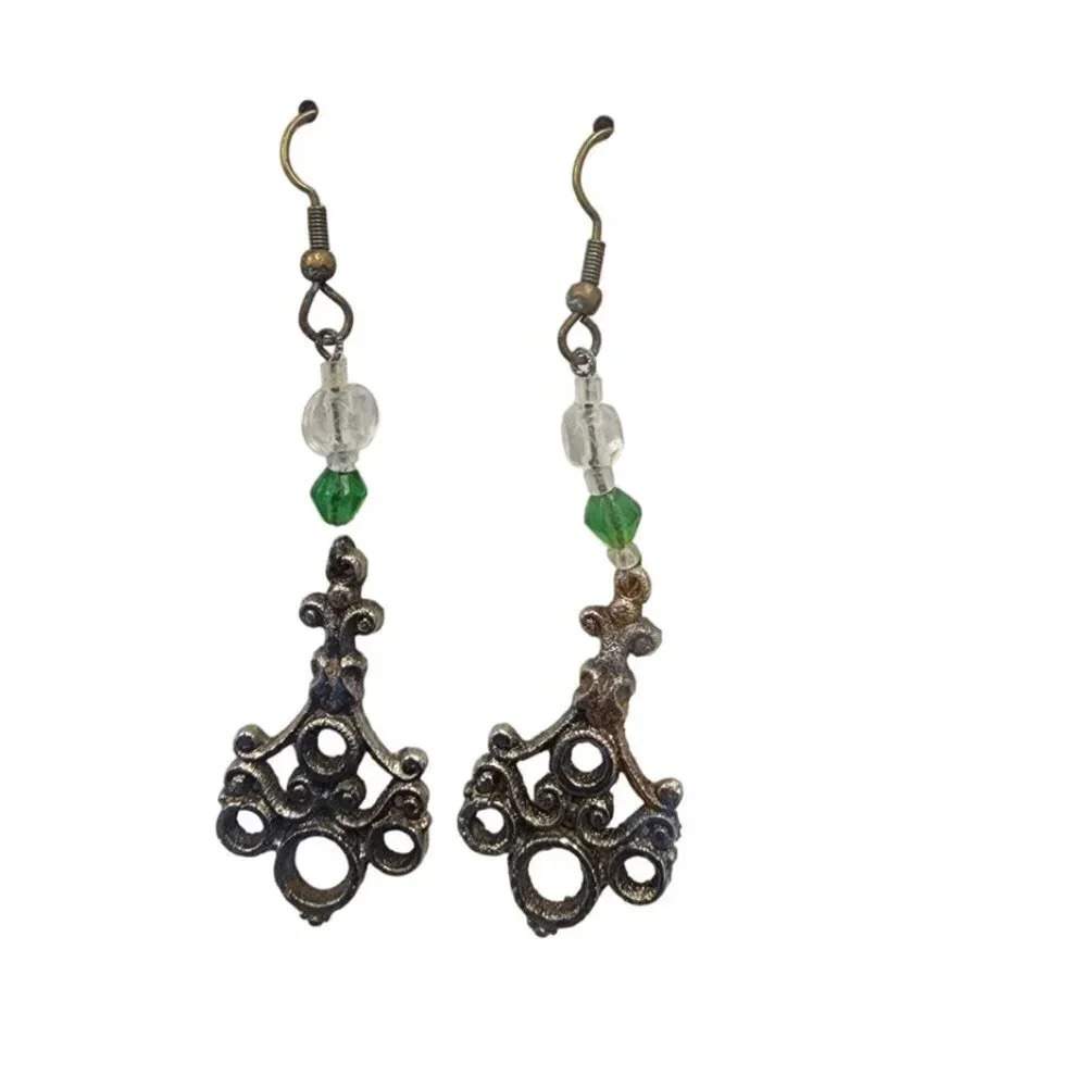 Vintage 60s-70s Green Faceted Beaded Filigree Charm Dangle Drop Hook Earrings